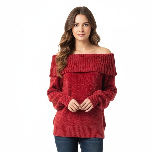 WHBM Pullover Sweater Size M Holiday Red Cowl Neckline Chenille Super Soft Cozy - Picture 1 of 9